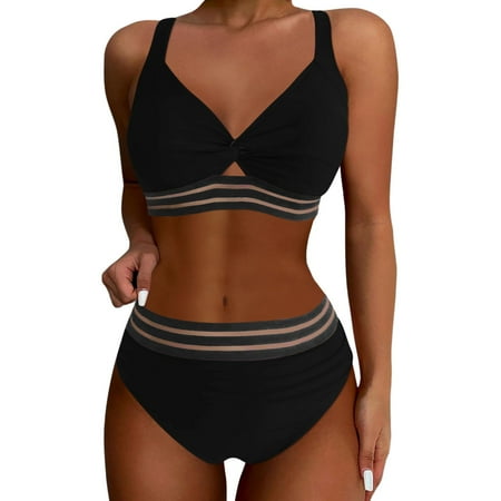 Womens Bikinis Summer Solid Color Spaghetti Strap Bra And Panty Set High Waist Two Piece Tankini Swimsuits For Women Activewear Black L