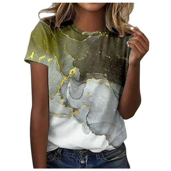 Womens Casual Summer Tops Floral Letter Gradient Print Heart Spring Colorful Short Sleeve Crew Neck T Shirt Top Women T-Shirt Blouse, S-2XL