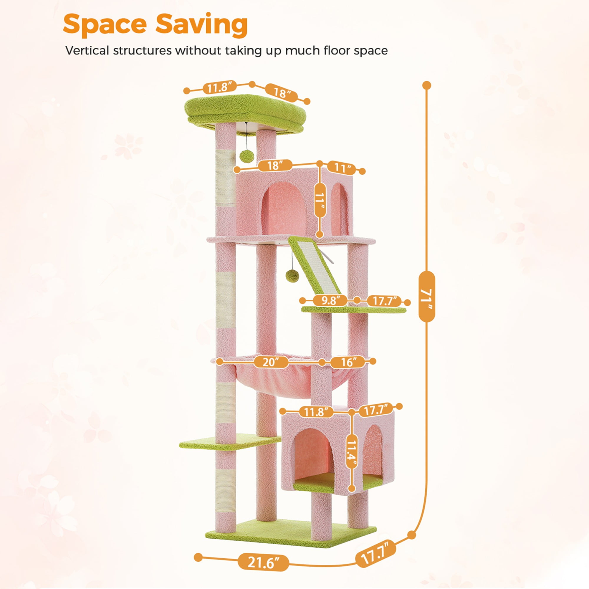 Kadyn 71" Large Cat Tree Tower for Indoor Cats, Multi-Level Cat Tree House with Padded Perches, Scratcher, Hammock, 2 Cozy Cat Condos and Scratching Posts, Pink