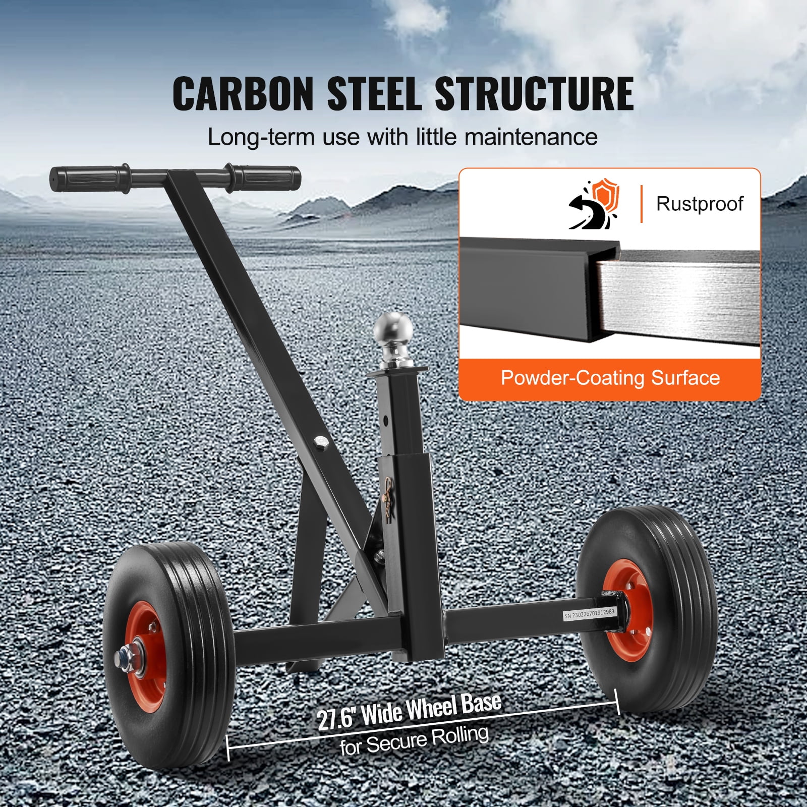 VEVOR Adjustable Trailer Dolly, 600lbs Tongue Weight Capacity, Carbon Steel Trailer Mover with 16''-24'' Adjustable Height, 1-7/8'' Hitch Ball & 10'' Solid Tires