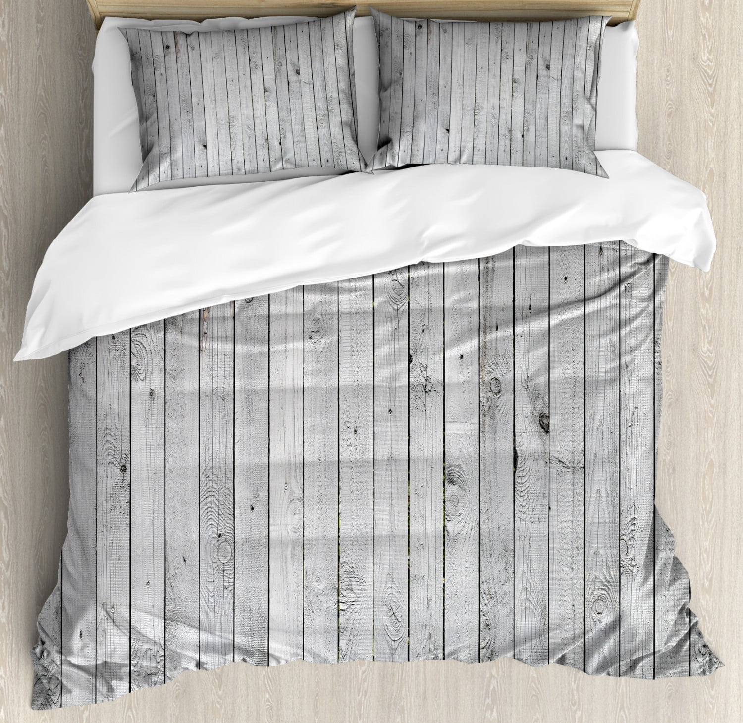 Ambesonne Grey and White Duvet Cover Set King size, Vertical Lines Wooden Board Background Black and White Tone Vintage Planks Picture, Decorative 3 Piece