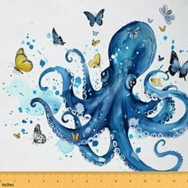 Erosebridal Octopus Fabric By The Yard,Butterfly Upholstery Fabric,Watercolor Sealife Decorative Fabric,Ocean Animal Indoor Outdoor Fabric,Yellow White,1 Yard