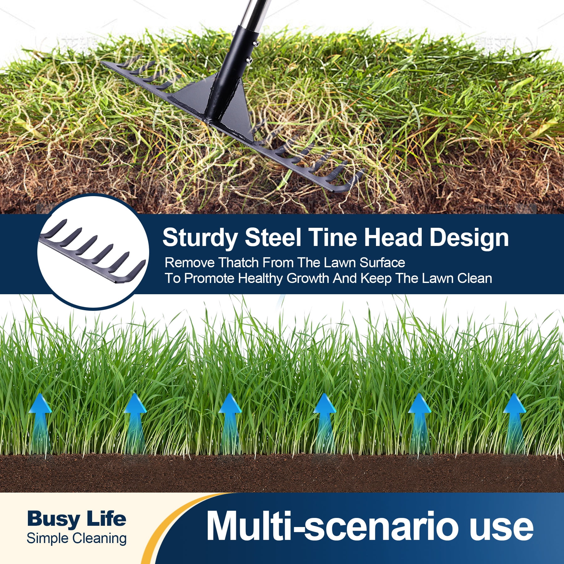 Yocada Thatch Rake 15.7" 16 Curved Tines 62" Adjustable Heavy Duty Stainless Steel Tool with Non-Slip Grip for Lawn Care