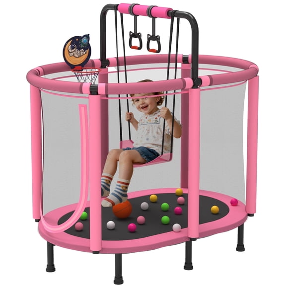 60" Toddler Trampoline with Safety Enclosure Net, SEGMART Upgraded Kids Trampoline with Basketball Hoop, Swing, Rings, Balls, Indoor Outdoor Mini Trampoline Birthday Gift for Kids Ages 3-9
