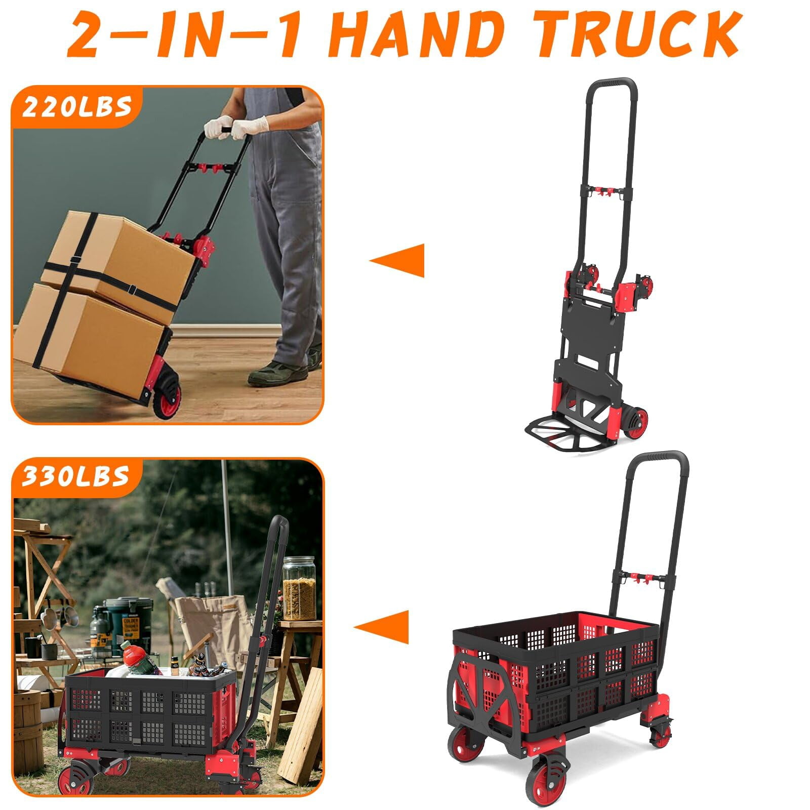 2-in-1Hand Truck Dolly with Folding Basket, Dolly Cart with 4 Wheels, Wagons Carts Foldable with Retractable Handle, Foldable wagon for Moving, 330LBS Capacity, Red