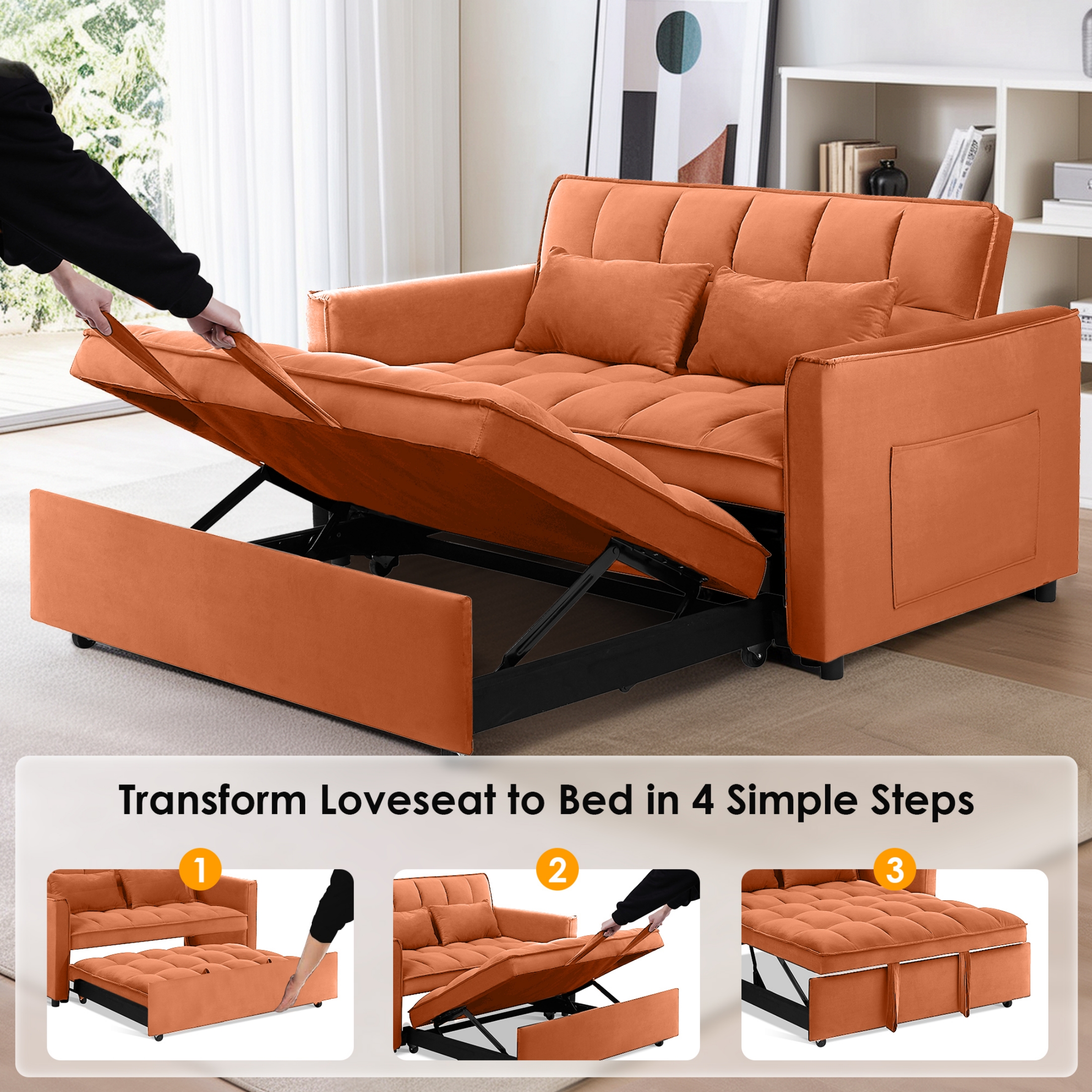 EPOWP Convertible Sofa Bed, 3 in 1 Pull Out Sleeper Loveseat Couch with Storage, Orange