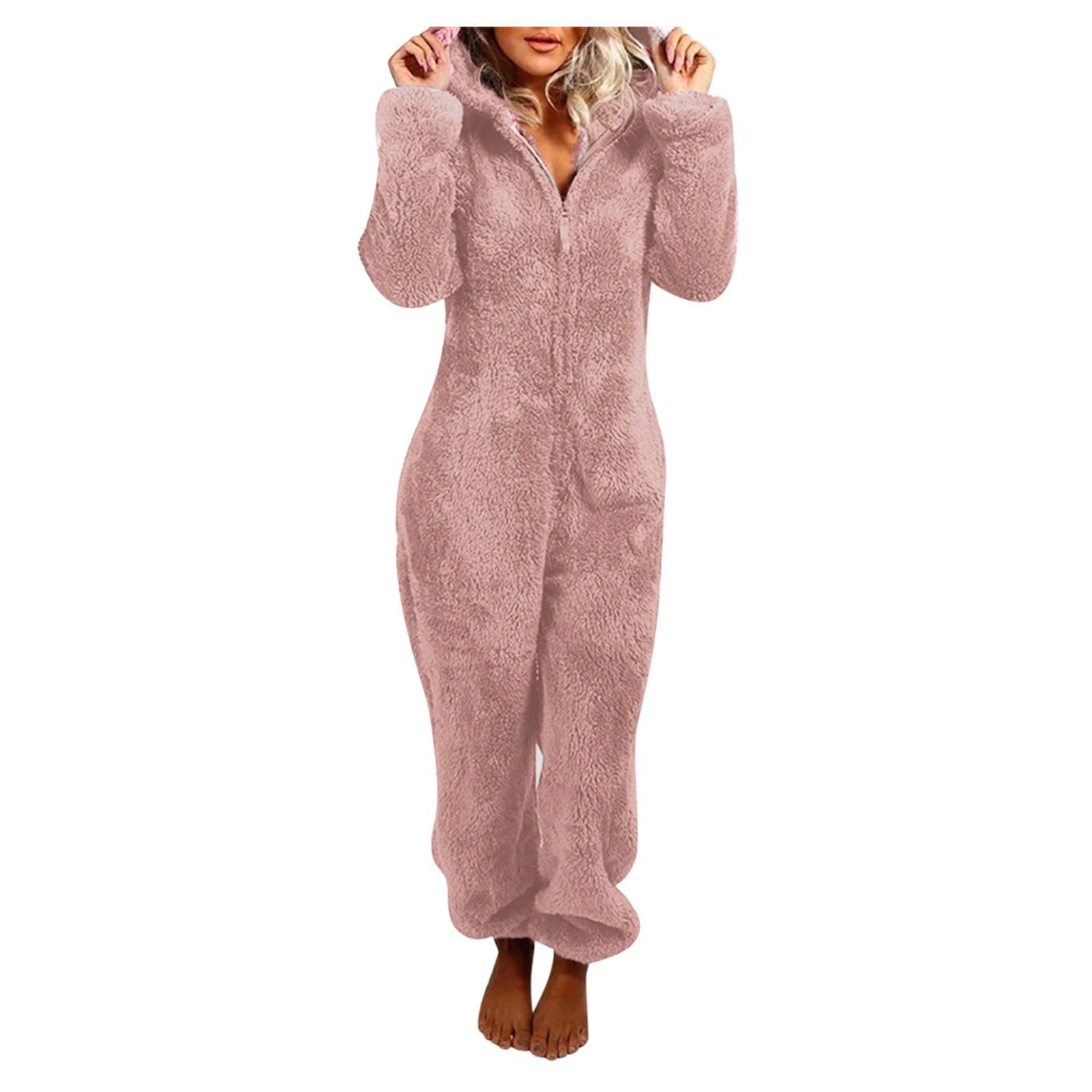 zanvin Women s Winter Warm Romper Fuzzy Fleece Onesie Pajama One Piece Zipper Hooded Jumpsuit Sleepwear Playsuit Pink XXXXL