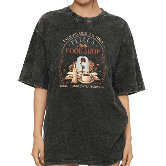 UNISHE Women's "Tale as Old as Time" Belle's Book Shop Vintage Washed T-Shirt Short Sleeve Crewneck Relaxed Fit Tee