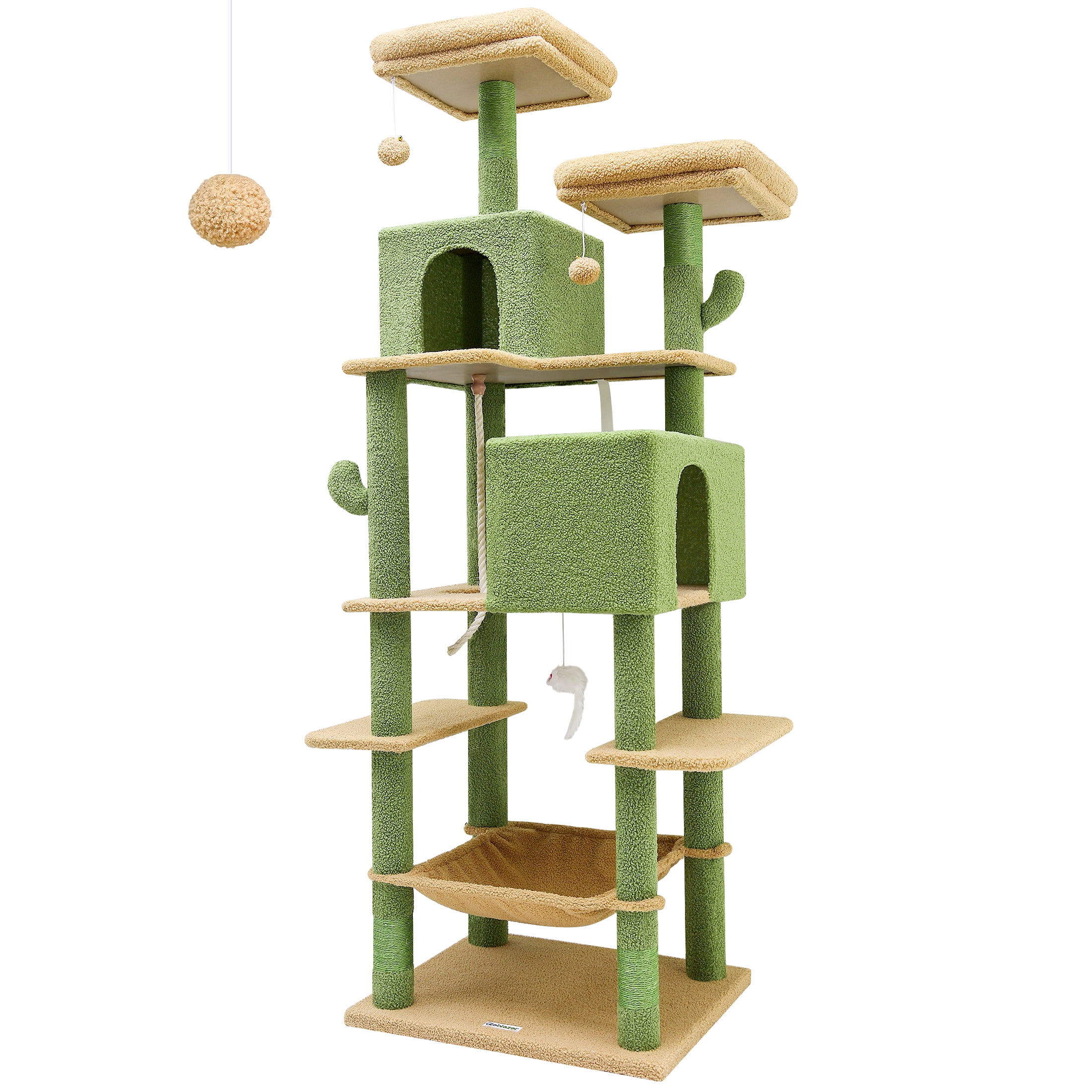 CT77F Cactus Cat Tree Tower | 76" Extra Tall Multi-Level Cat Castle with Cozy Condos, Perches, and Interactive Toys for Large Cats | Ideal for Climbing and Scratching