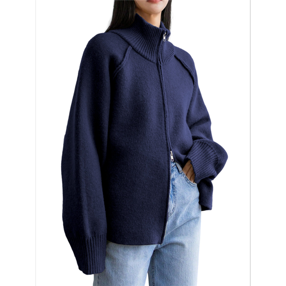 Women's Sweater Zipper Lapel Cardigan Casual Sweater Knitted Cardigan Navy Blue One size