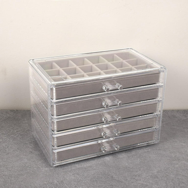 Cq acrylic 5 Drawers Acrylic Jewelry Organizer,Clear Acrylic Jewelry Box  Gift for Women Mens kids and Little girl Stackable Velvet Earring Display