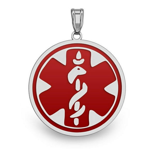Picturesongold.Com Sterling Silver Round Medical Id Charm or Necklace Pendants W/ Red Enamel - 1/2 inch x 1/2 inch