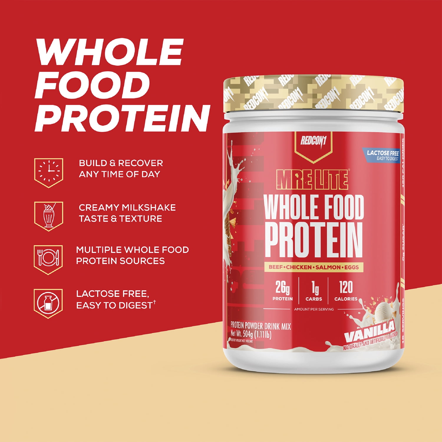 REDCON1 MRE LITE Whole Food Protein Powder, Vanilla, Whey & Lactose Free Meal Replacement, Easy to Digest, 16 Servings