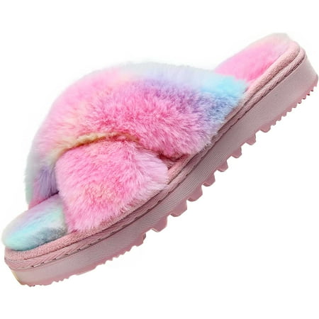 LORDFON Open Toe Cross Band Fuzzy Womens Slippers Fluffy House Slippers with Memory Foam
