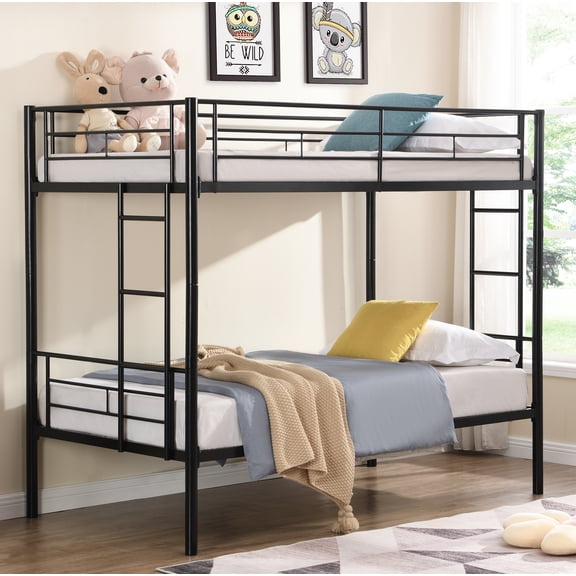 DeepRoar Twin over Twin Bunk Bed, Metal Bunk Bed Frame with 2 Ladders, Convertible Bunk Beds for Teens and Adults, Space Saving Bunk Bed for Bedroom, Dorm, No Box Spring Needed, Noise Free, Black