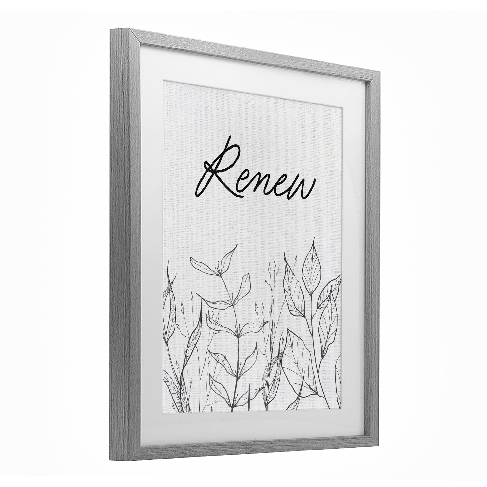Renew with Leaf Outlines Gray Framed Print Under Glass, design by Lettered and Lined
