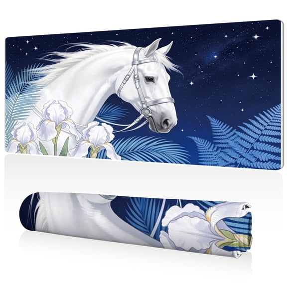 LIVEKEY Extra Large Mouse Pad White Horse Under Starry Sky Iris Flowers Design 80x40x0.3cm Full Desk Coverage Non Slip Durable Easy Clean Stitched Edges for Gaming and Office