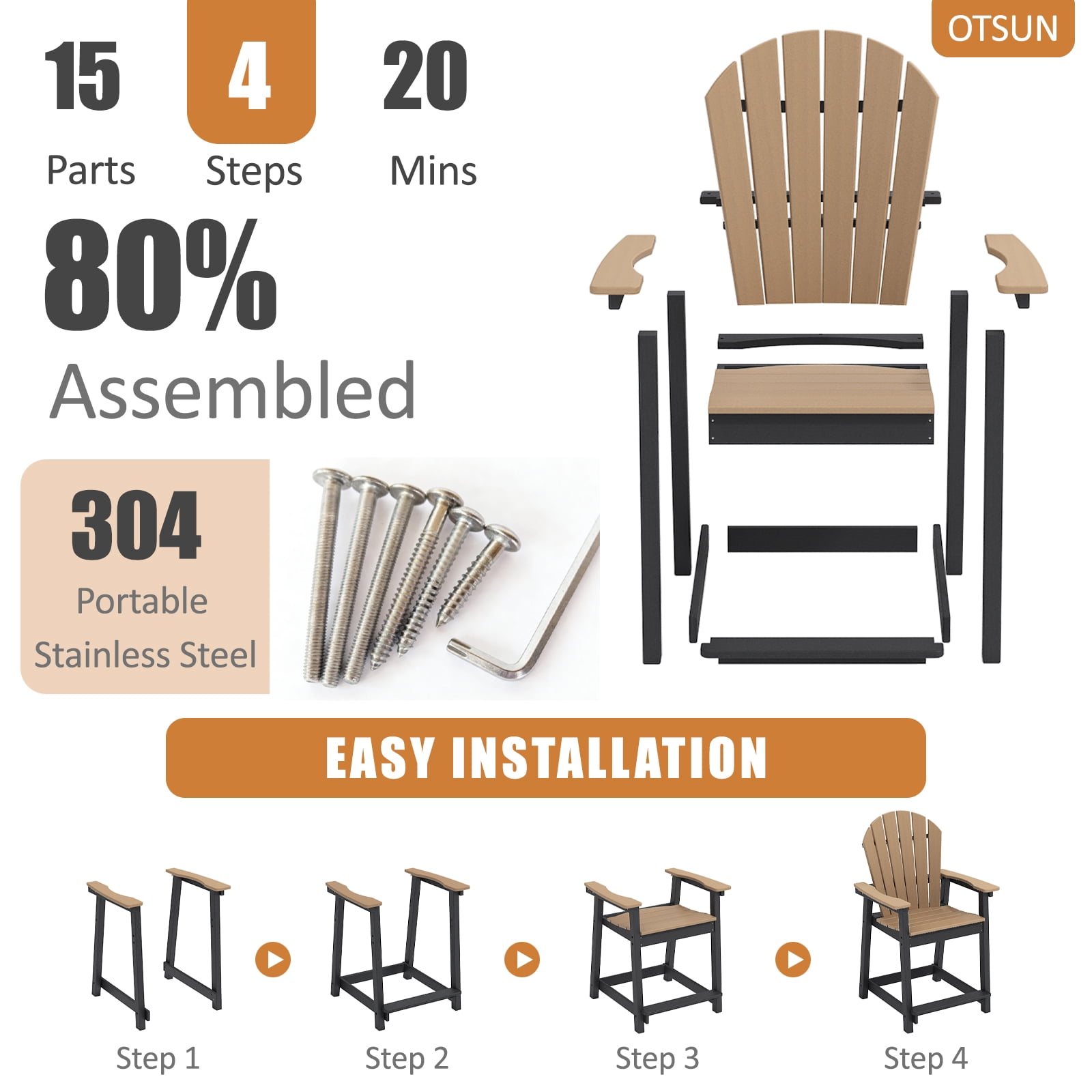 OTSUN Tall Modern Adirondack Chair, All Weather HDPE Bar Height Adirondack Stools Widened Durable Design for Porch Patio Yard Lawn Fire Pit Bistro Basement Indoors & Outdoors