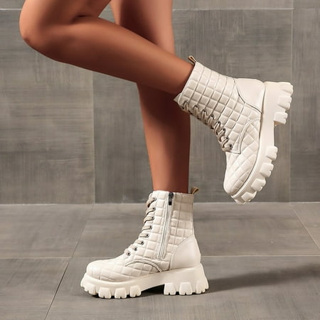 

Winter Savings Clearance! SuoKom Boots for Women Plaid Lace Up Leather Boots Thick Sole Side Zipper Medium Boots In Solid Color Shoes Cowboy Boots for Women