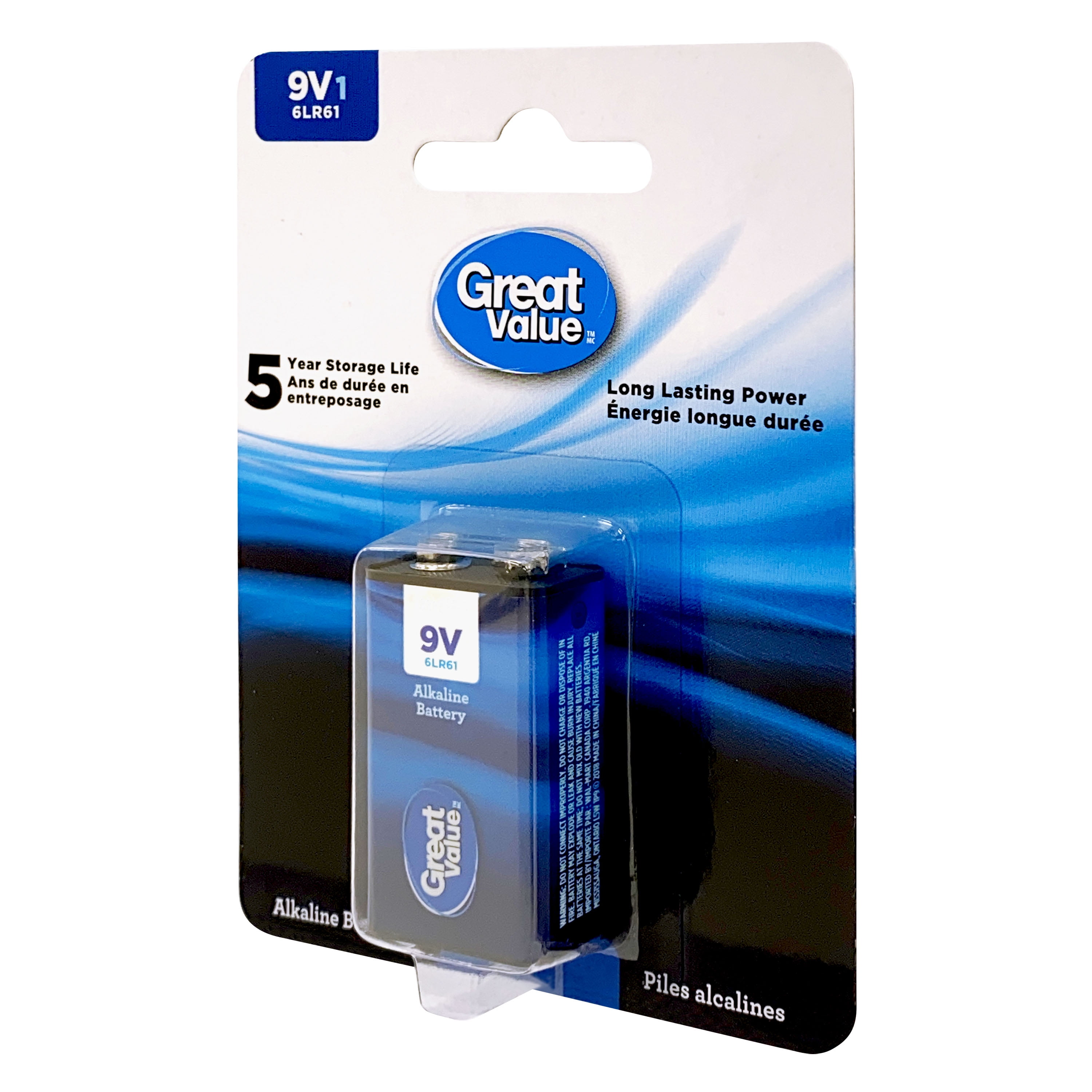 Pile alcalines 6LR61 de 9 V Great Value Paquet de 1, 5 ans de durée en entreposage