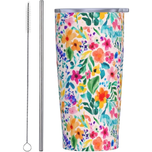 Watercolor Florals Plants Tumbler Cup with Lid and Straw, 20 oz Stainless Steel Insulated Travel Mug, Hot and Cold Water Bottle, Colorful Flower Souvenir for Men Women