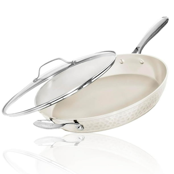 Sartén Gotham Steel de 14 cm, antiadherente, con tapa, martillada en crema