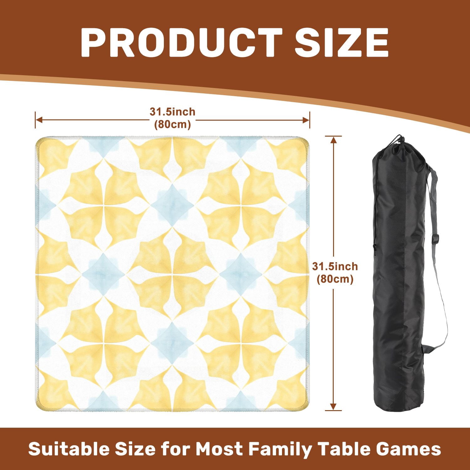 Mahjong Mat 31.5" x 31.5" Geometric Yellow Blue Floral Soft Edges Non-Slip Noise Reduction American Mahjong Tiles Table Cover for Dominoes Poker Card Board Games Gift
