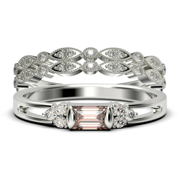 Classic Minimalist 2.00 Carat Baguette Cut Morganite And Diamond Moissanite Engagement Ring, Split shank Wedding Ring in 10k Solid White Gold, Promise Ring, Anniversary Ring, Trio Rings Set