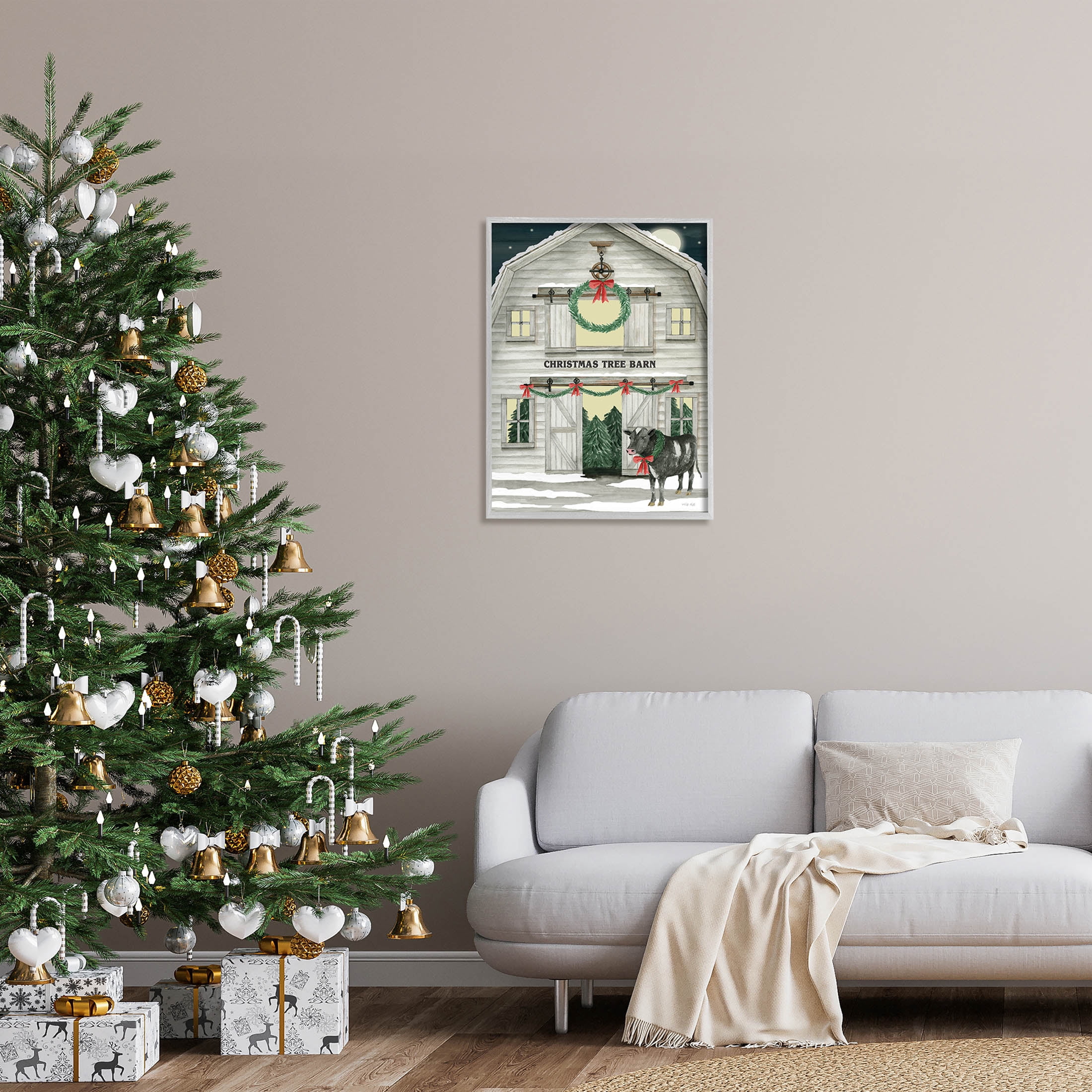 Christmas Tree Barn Rural Countryside Holiday Graphic Art Gray Framed Art Print Wall Art