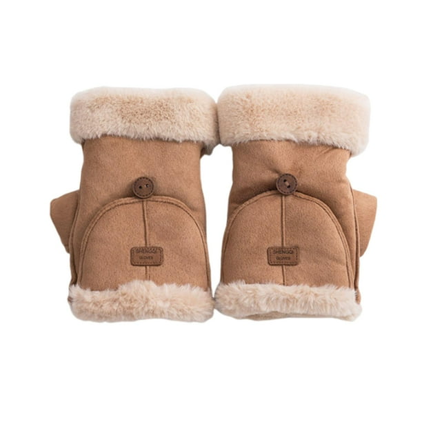 Guantes de invierno sin dedos con forro suave, cálidos, térmicos, convertibles y con parte superior abatible. Caqui