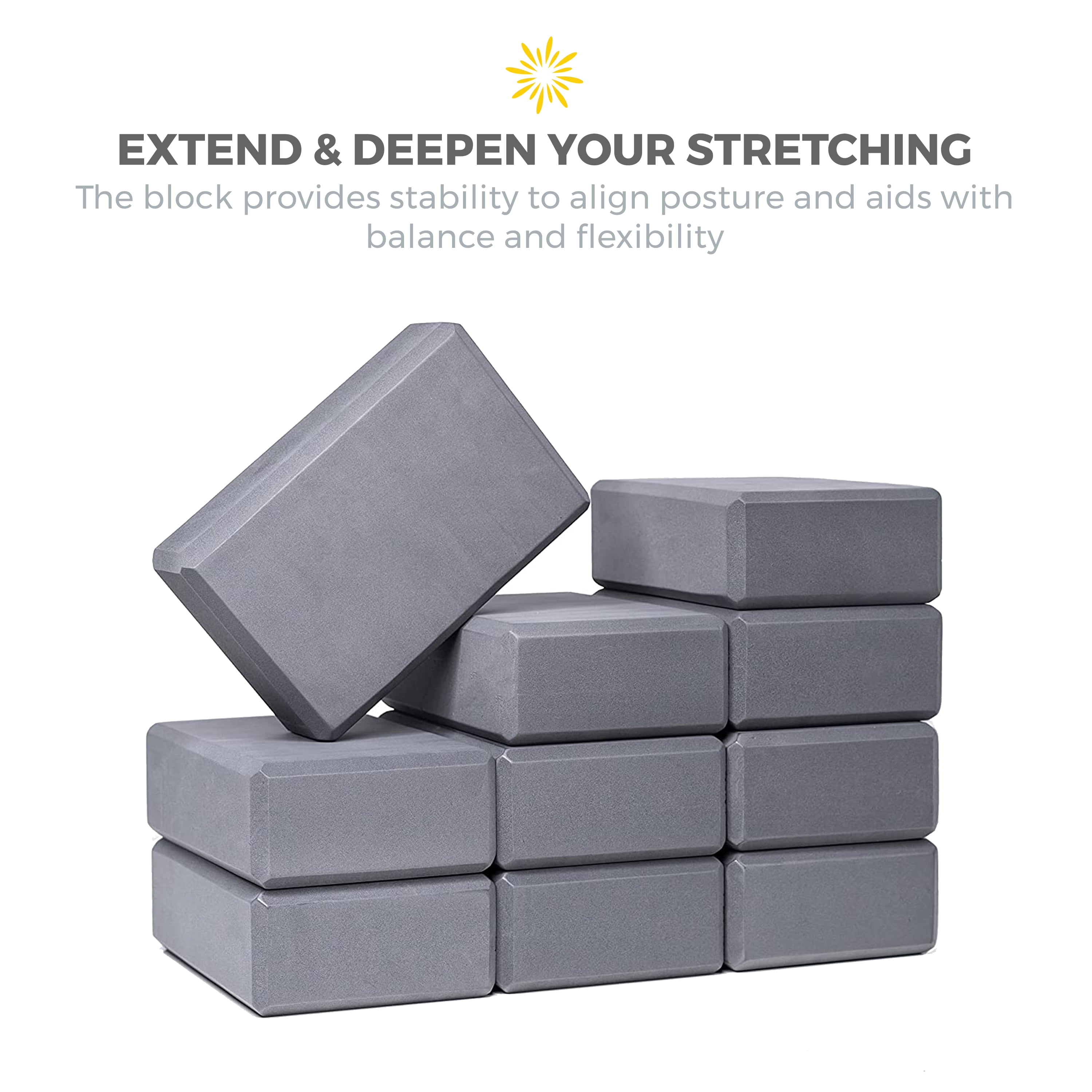 Sunshine Yoga 3" Yoga Block, 10 Pack Bulk EVA Foam Yoga Blocks, Firm and Supportive Yoga Brick, Balance Foam for Stretching, Pilates, and Workout, 3" x 6" x 9", Cool Gray