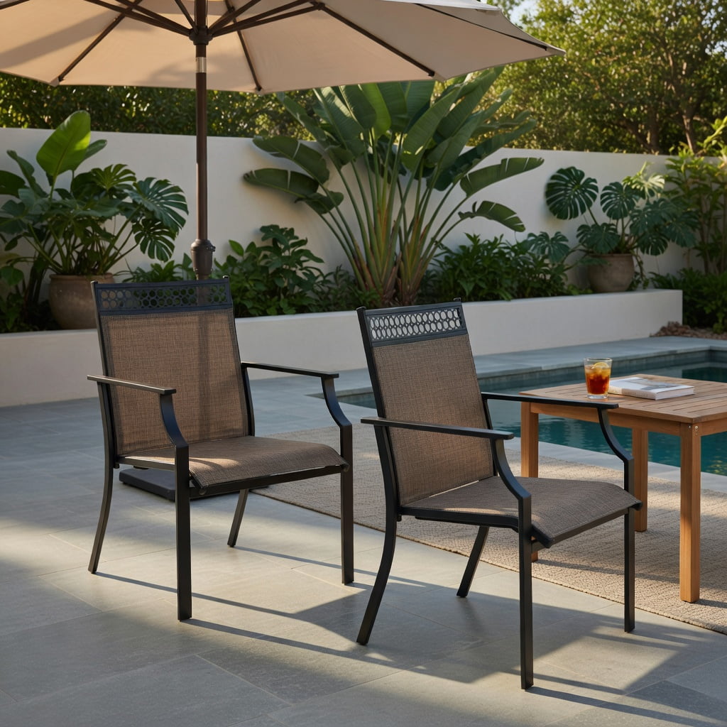 Hommoo 2-Piece Outdoor Patio Chair Set, All-Weather Breathable Fabric, Heavy-Duty Steel Frame, Poolside & Lawn Ready, Brown