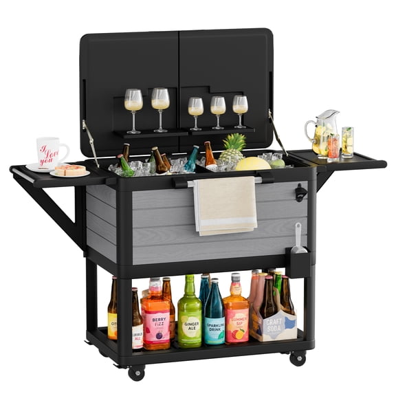 WACASA 104 Qt Rolling Cooler Cart, Outdoor Patio Ice Chest with Dual Lids, Foldable Side Shelves, Storage Shelf, Bottle Opener and Ice Scoop, Black and Gray