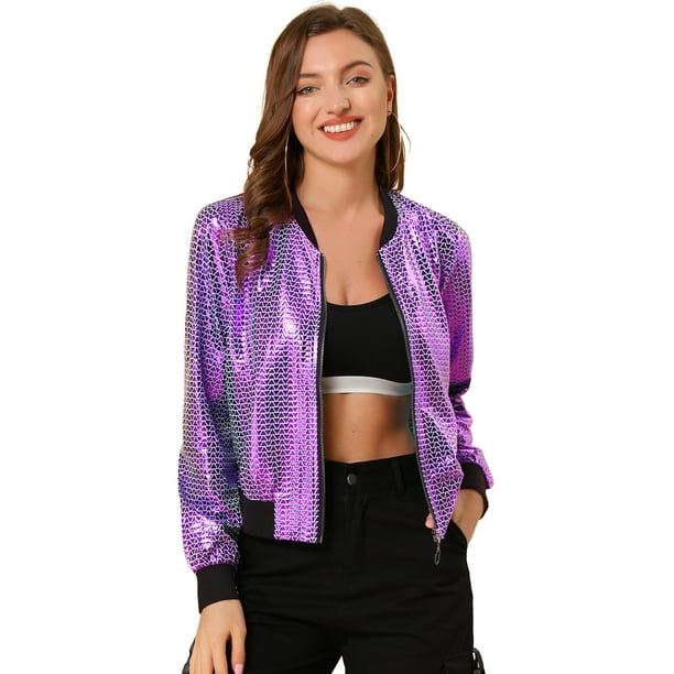 Disfraz De Halloween PaMujer, Brillante, Holográfico, Brillante, Metálico, Ligero, Brillante, ChaqueDe Bombardero Morado-1 S