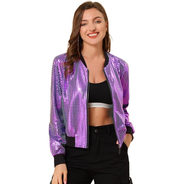 Disfraz De Halloween PaMujer, Brillante, Holográfico, Brillante, Metálico, Ligero, Brillante, ChaqueDe Bombardero Morado-1 S