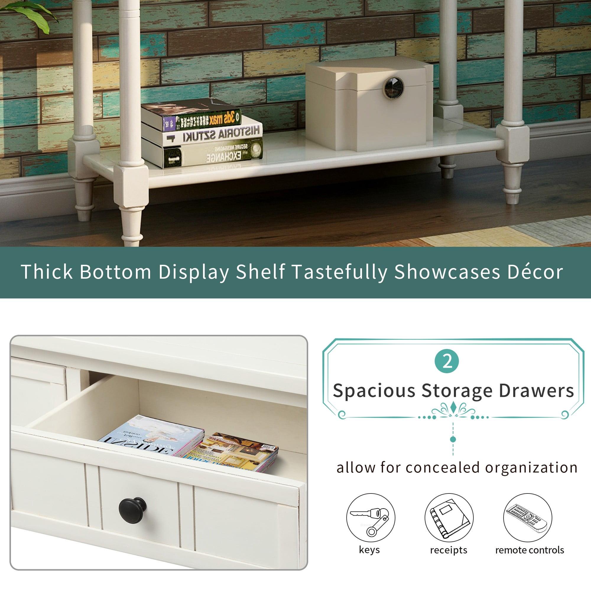 35" Console Table with Drawers,Wood Entryway Table Hallway Table with Open Storage for Living Room,Entryway, Hallway,Ivory