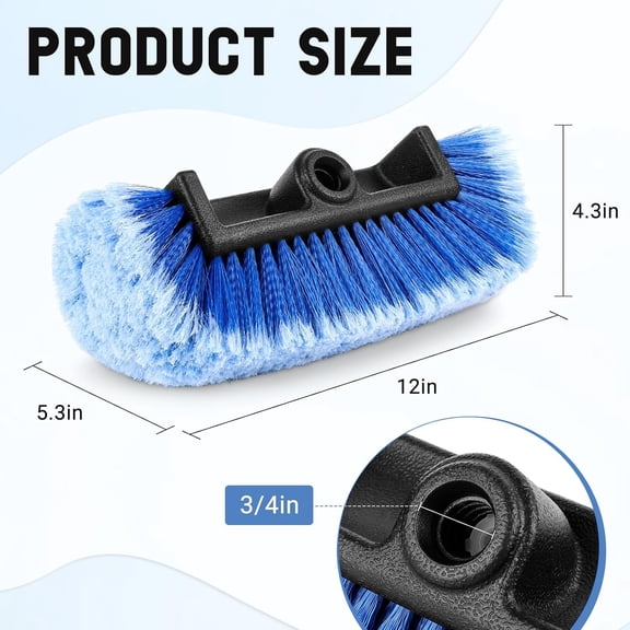 12" Car Wash Brush Head with Soft Bristles - Gentle on Paint, Compatible with Poles, Perfect for Cars, Trucks, RVs, Boats, Decks, and More (Blue)