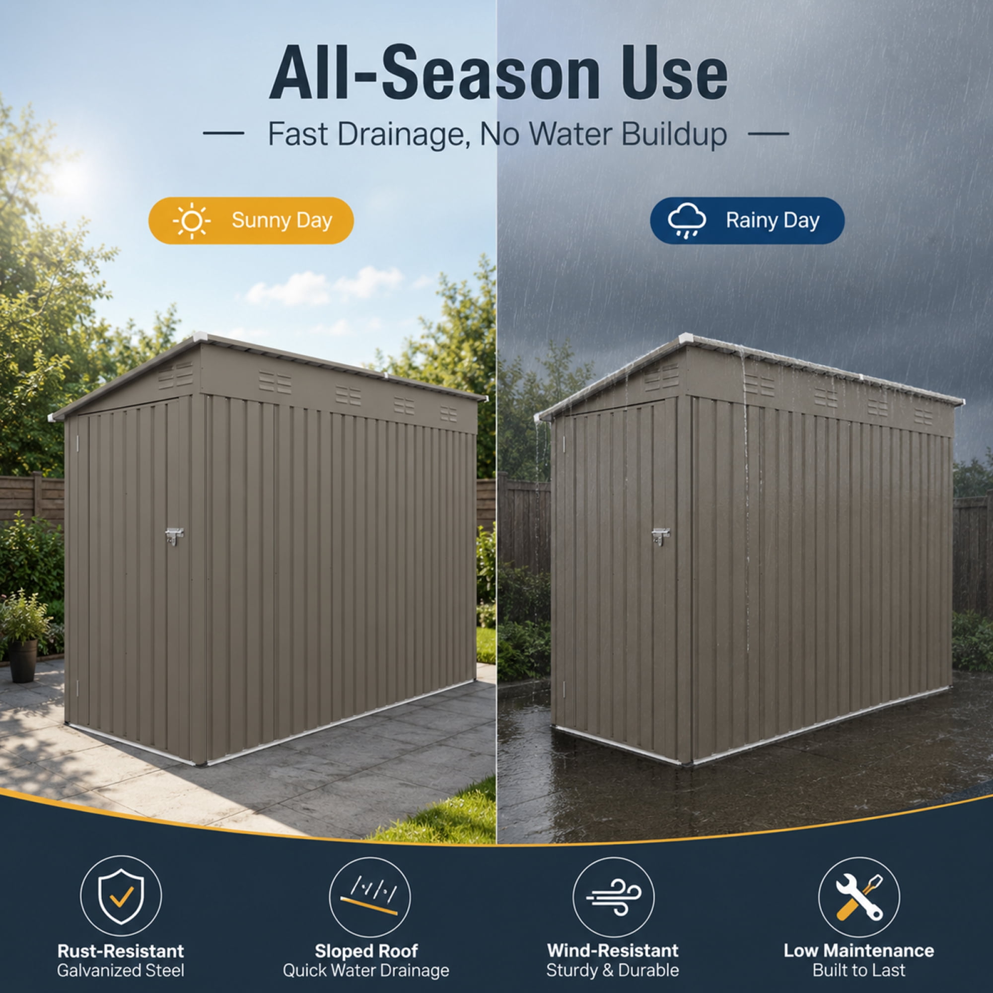 Leumius 4x9FT Olive Grey Outdoor Metal Storage Shed, Galvanized Thick Frame Color Steel Tool House with Light-transmitting Window for Backyard, Patio, Lawn