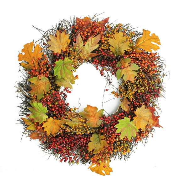 22" Autumn Harvest Maple Leaf & Berry Artificial Thanksgiving Floral Wreath - Unlit
