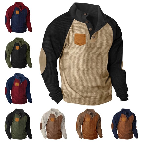 Zysthvn Long Sleeve Mens Sweatshirts No Hood Corduroy Pullover Winter Casual Sweatshirts for Men Stand Collar Loose Button Color Block Tops