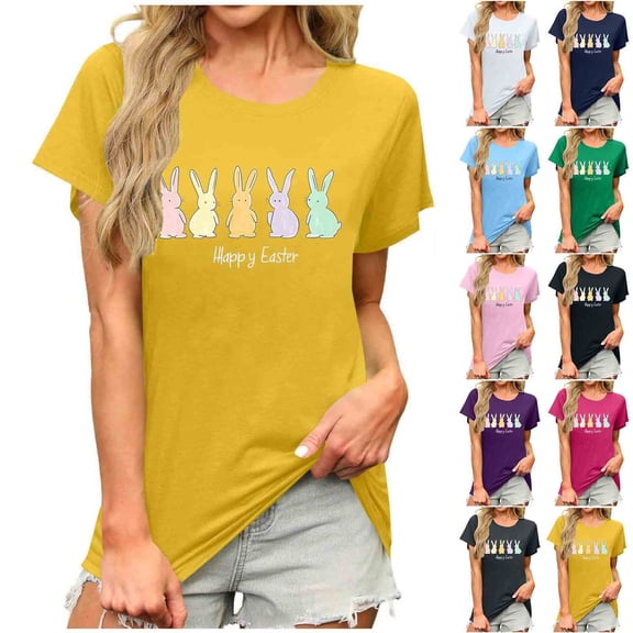 Felirenzacia Womens Easter Bunny Graphic Cotton T Shirt Tops Casual Holiday Pullover Tee Tops for Big Women Yellow,L