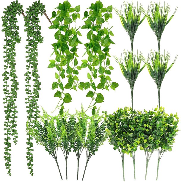 16 paquetes de plantas colgantes artificiales suculentas artificiales cadena de perlas falsas hiedra vid vegetación tallos de boj arbustos de boj falsos vegetación Shr