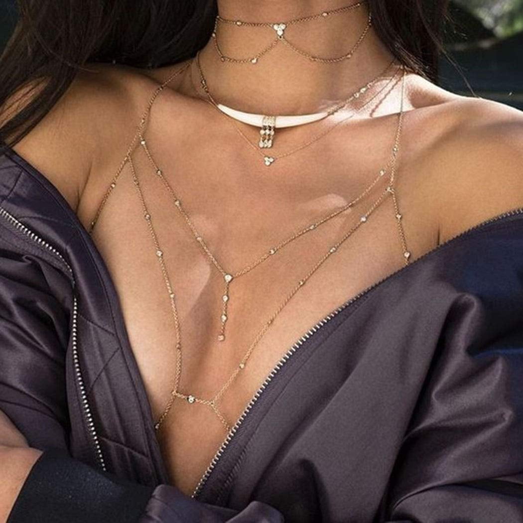 Women Rhinestone Necklace Harness Chest Body Chain Beach Bikini Bra Jewelry