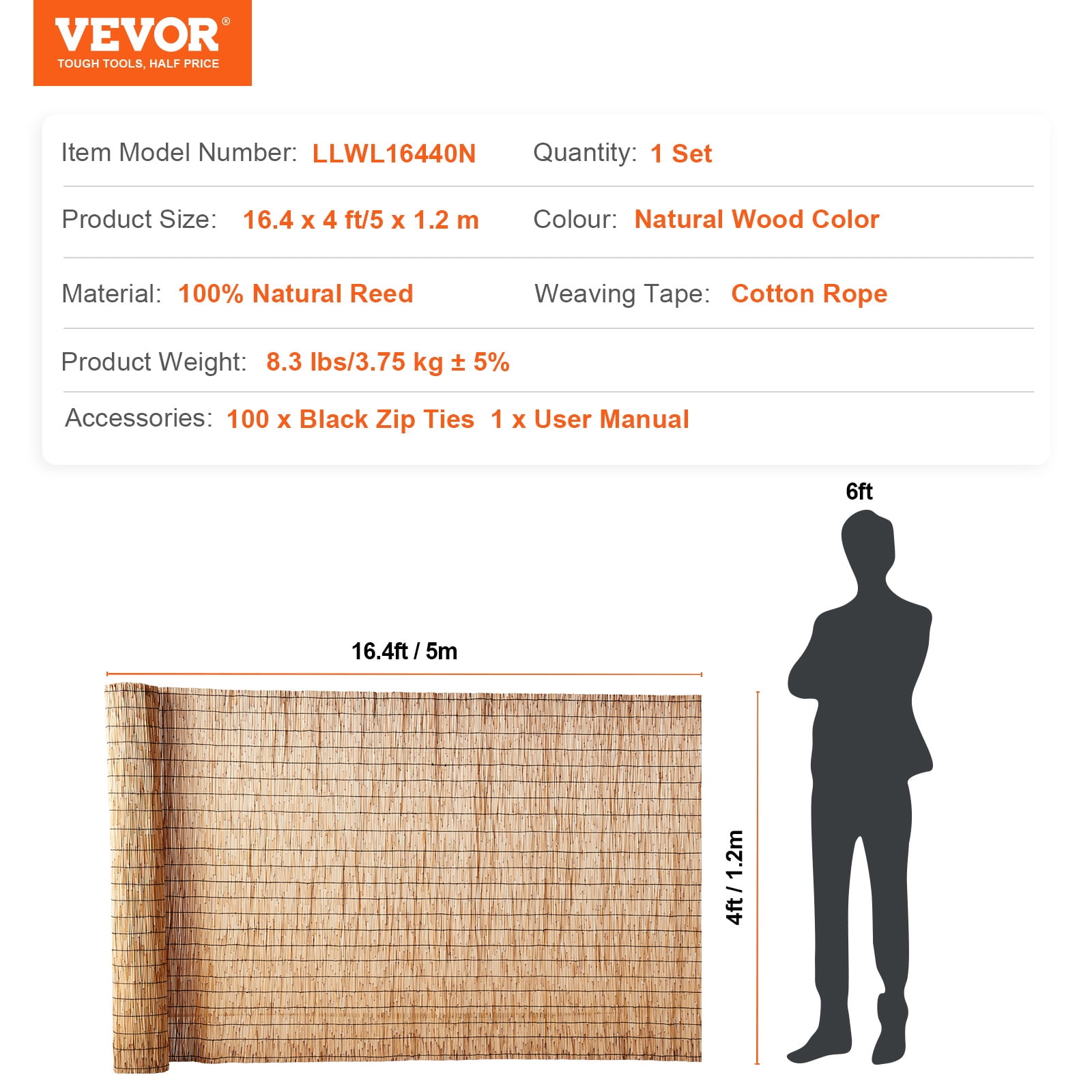 VEVOR Natural Reed Fencing, 4 ft x 16.4 ft, Reed Screen Curtain Balcony Reed Fence Roll for Outdoor Backyard Patio, Decorative Fence for Backyard Garden Fencing Divider