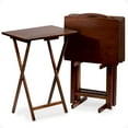 thumbnail image 1 of PJ Wood Folding Wooden TV Tray Tables w/ Collapsible Storage Rack, Walnut Brown, 5 Pc Set, 1 of 10