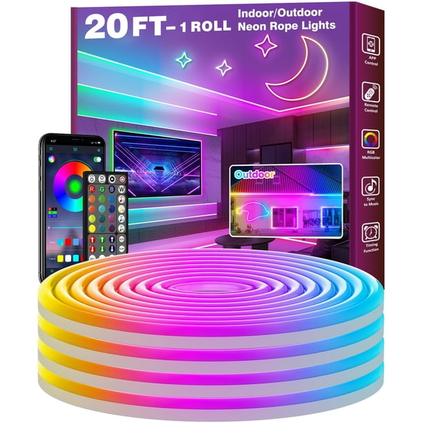 Luces de cuerda de neón de 20 pies, control de luces de cuerda LED flexibles con aplicación/control remoto, luces de cuerda de múltiples modos, luces de neón LED RGB para exteriores IP65 a prueba de a