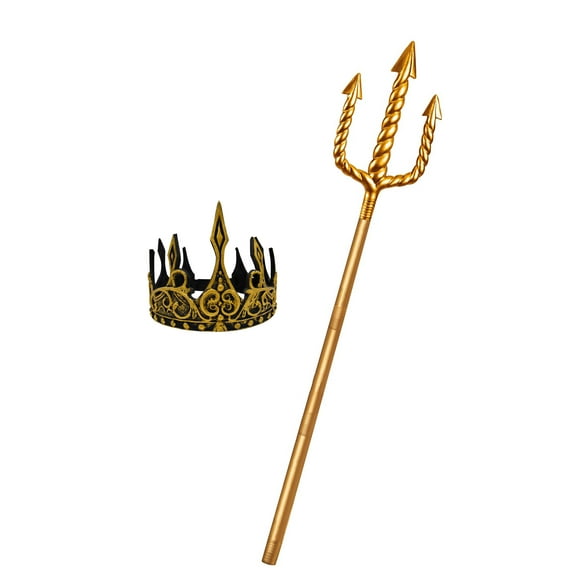 Adult Ocean Sea King Foam Gold Crown and Plastic Trident Staff Cosplay Set - Adjustable Halloween Costume Accessory Props, One Size, Gold
