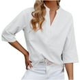 thumbnail image 2 of Alkepwun 3/4 Length Sleeve Womens Tops Short Sleeve Henley Shirts Button Up V Neck Blouse Summer Casual Work Tops Linen Shirts, 2 of 7