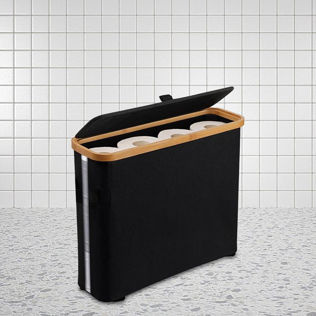 Organizador de papel higiénico de bambú, contenedor para baño, ahorro de espacio, cesto para papel higiénico, soporte para papel higiénico para Negro