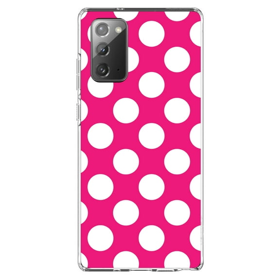 DistinctInk Clear Shockproof Hybrid Case for Samsung Galaxy Note 20 (6.7" Screen) - TPU Bumper, Acrylic Back, Tempered Glass Screen Protector - White & Hot Pink Polka Dots